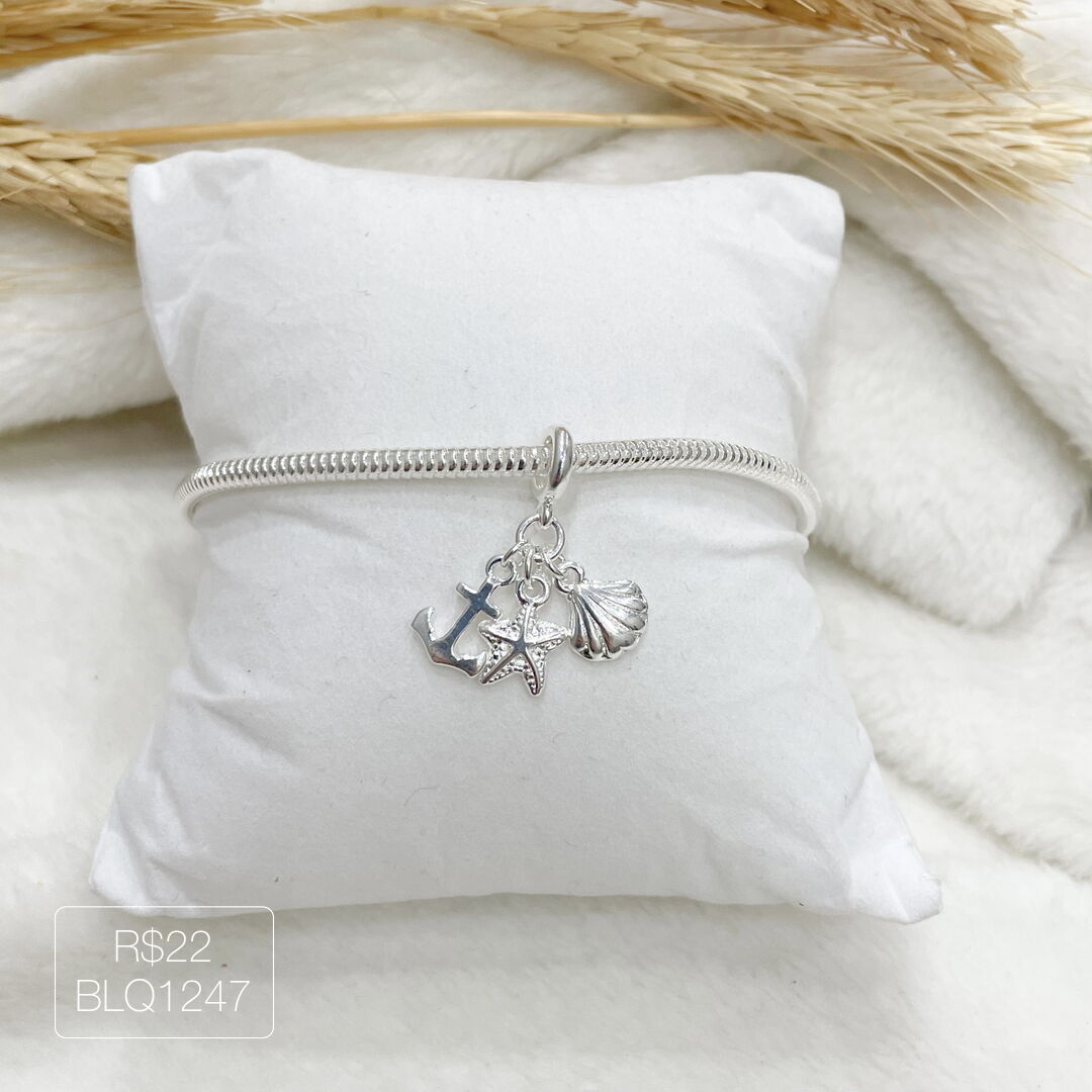 Berloque Concha + Estrela + Âncora Pendurado Liso Prateado